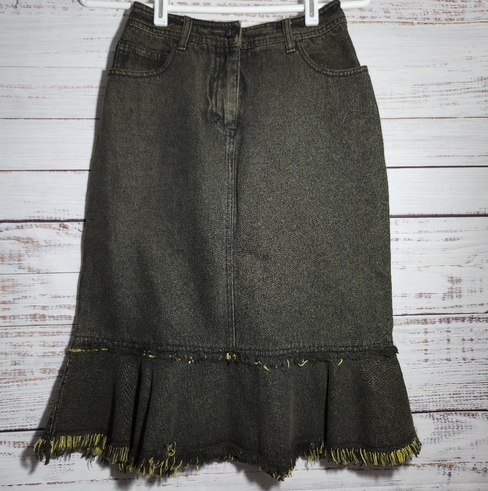 Jeanology VTG 90s Y2K Midi Skirt 4 Dark Green Denim Cowgirl Raw Hem Trim